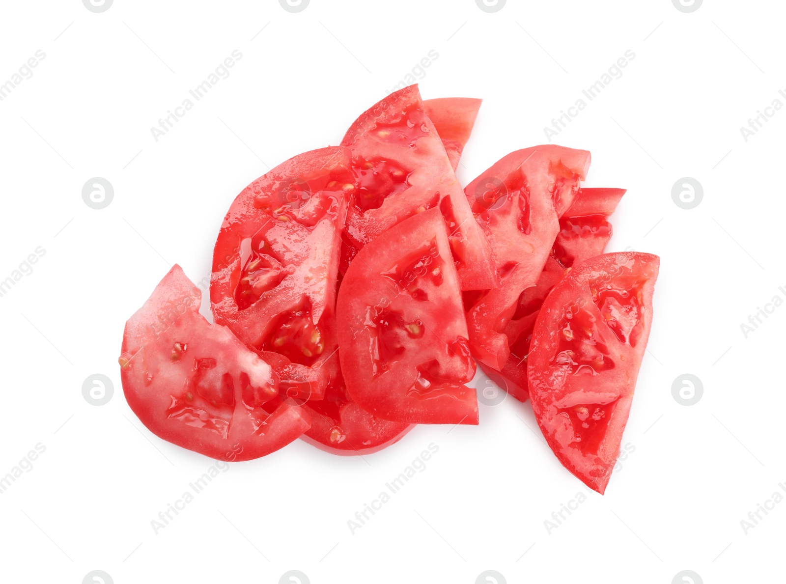 Photo of Slices of red ripe tomato isolated on white, top view