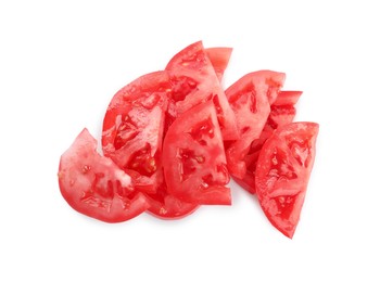 Slices of red ripe tomato isolated on white, top view