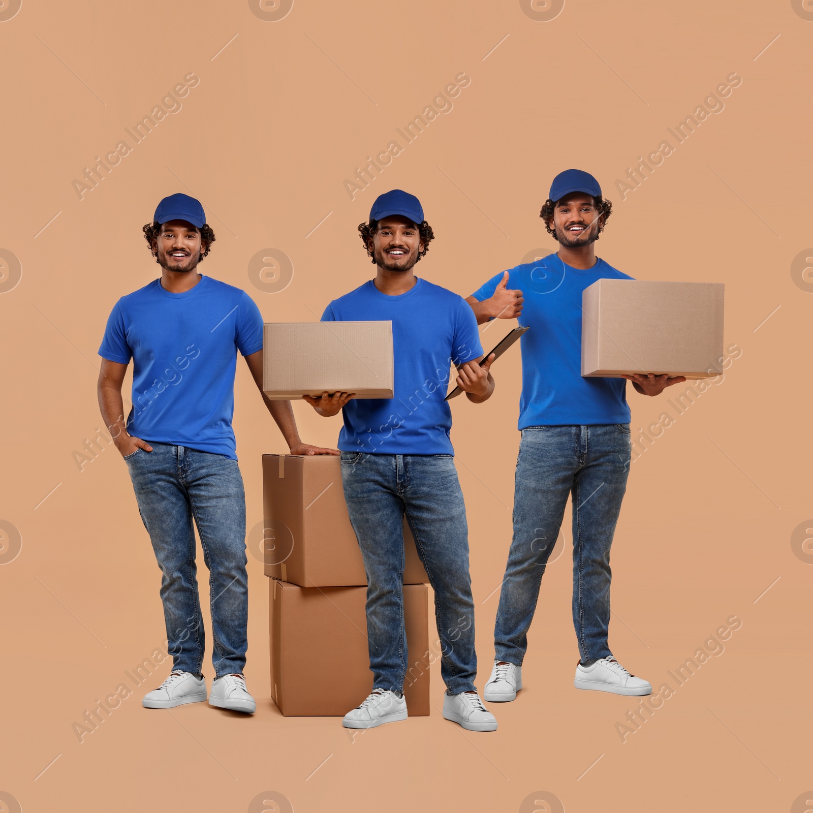 Image of Delivery service. Happy courier with cardboard boxes on peach color background, collage of photos