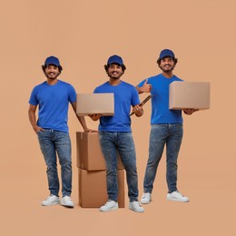 Delivery service. Happy courier with cardboard boxes on peach color background, collage of photos