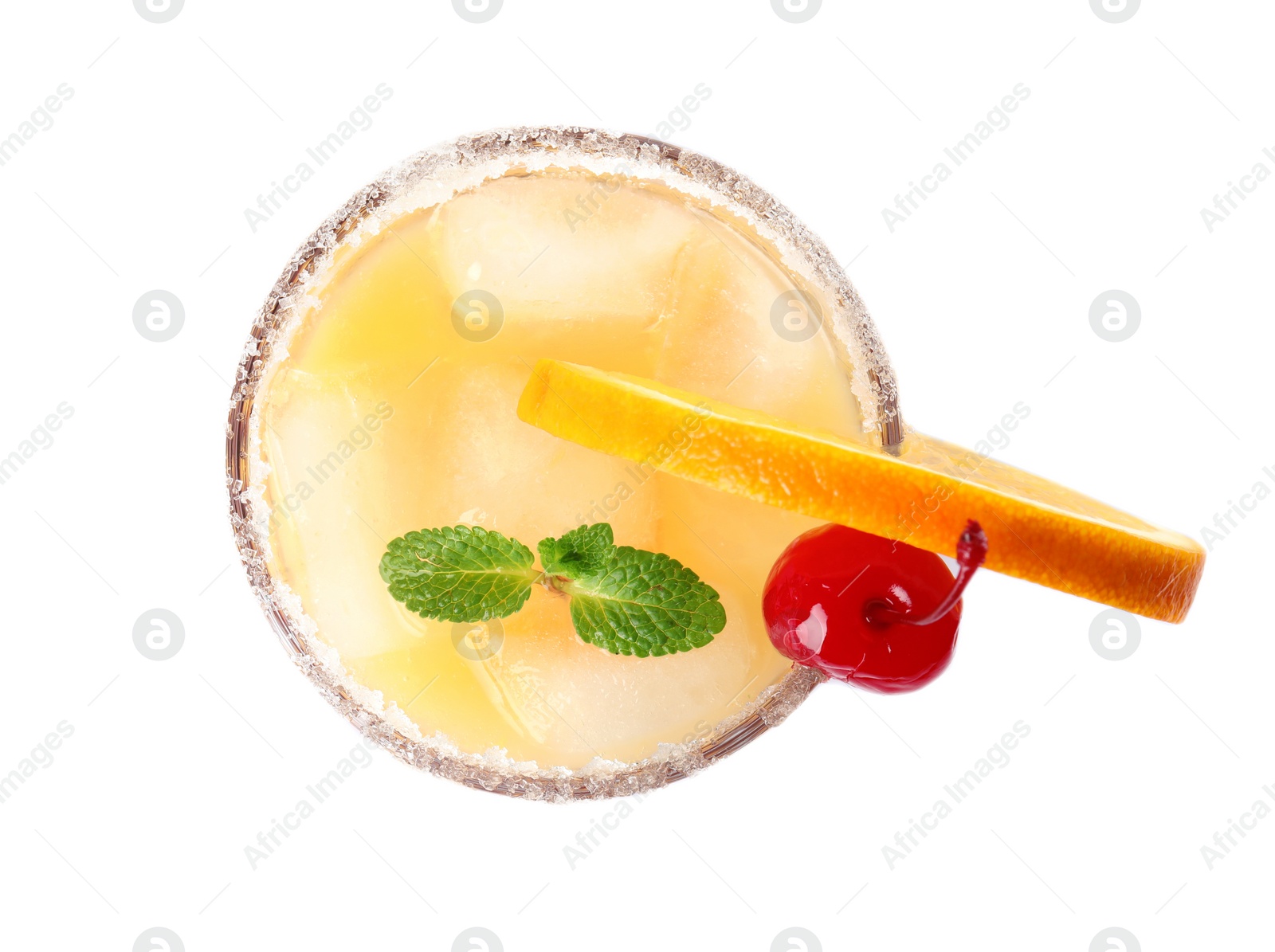 Photo of Fresh alcoholic Tequila Sunrise cocktail isolated on white, top view