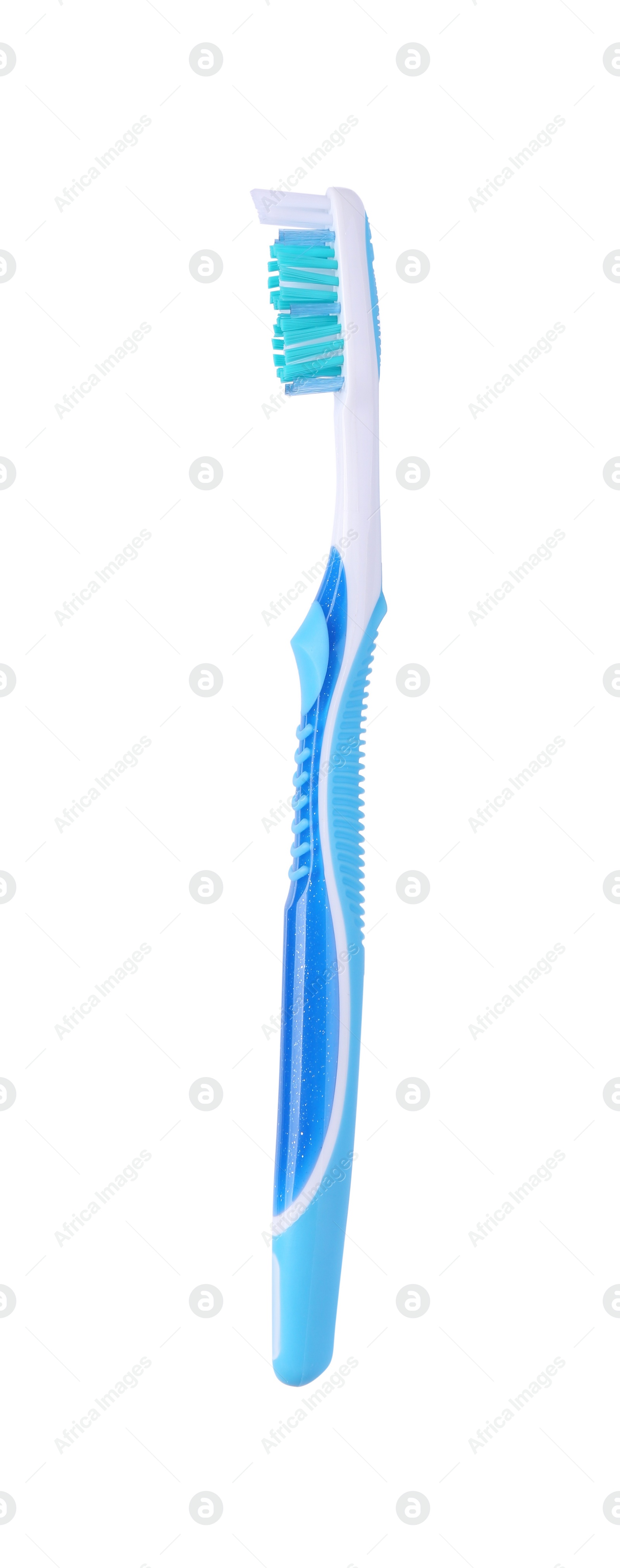 Photo of One blue plastic toothbrush isolated on white, top view