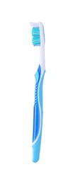 One blue plastic toothbrush isolated on white, top view