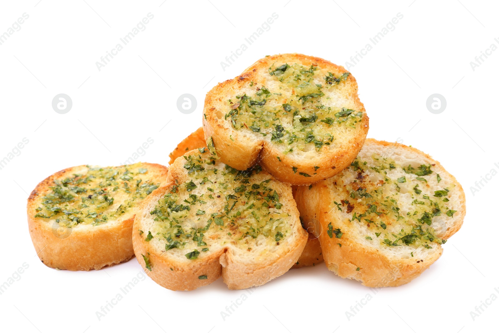 Photo of Slices of toasted bread with garlic, cheese and herbs on white background