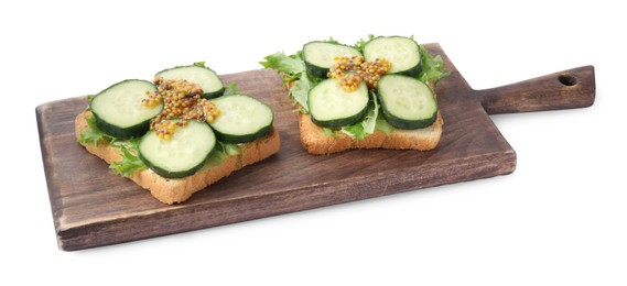Photo of Tasty cucumber sandwiches with arugula and mustard on white background