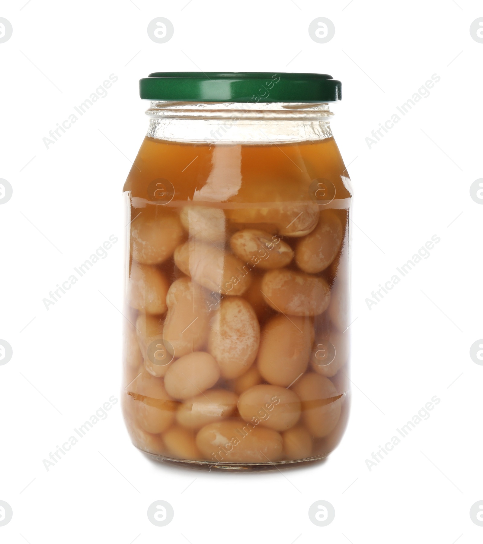 Photo of Glass jar with pickled beans isolated on white