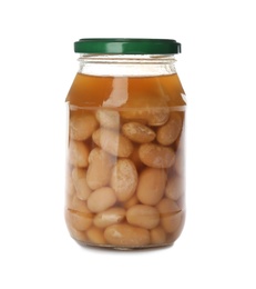 Photo of Glass jar with pickled beans isolated on white