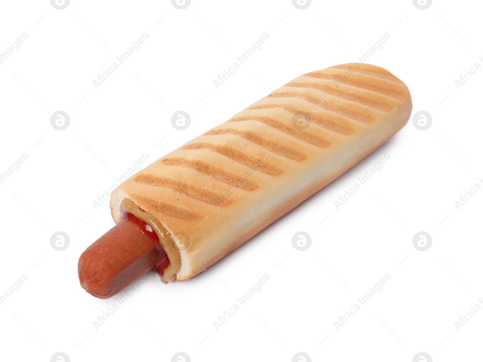 Photo of Tasty french hot dog with ketchup and mustard isolated on white