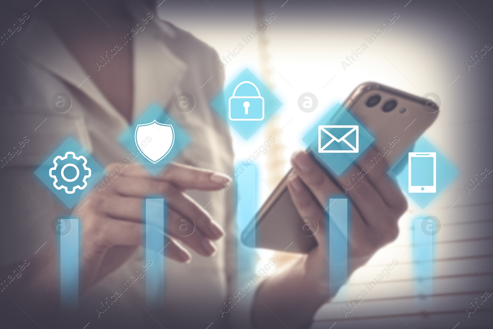 Image of Information security. Young woman using smartphone indoors, closeup