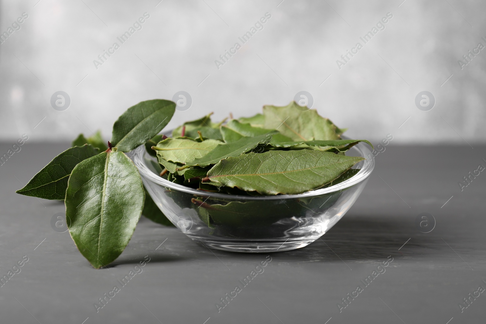 Photo of Fresh green bay leaves in bowl on gray wooden table