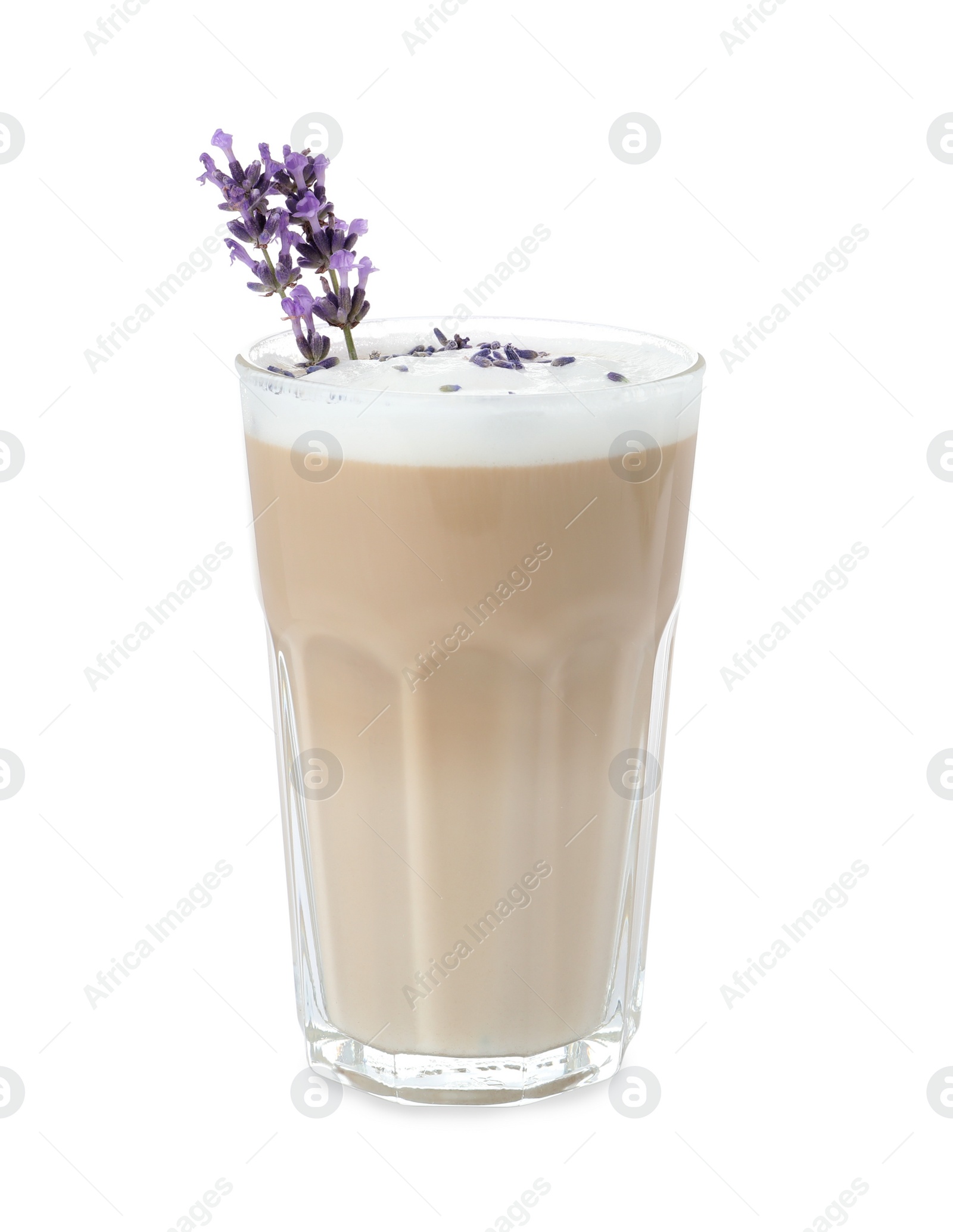 Photo of Delicious coffee with lavender isolated on white