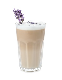 Delicious coffee with lavender isolated on white