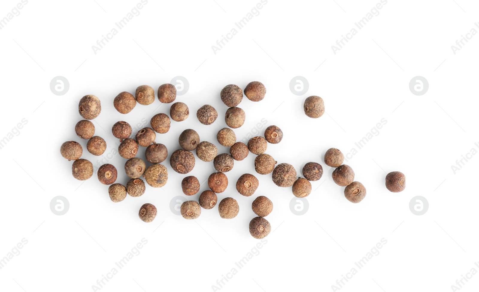 Photo of Allspice pepper grains on white background, top view. Natural spice