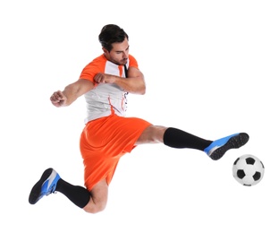 Photo of Young man playing football on white background