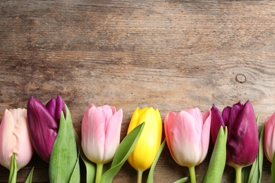 Flat lay composition of beautiful spring tulips on wooden background, space for text. International Women's Day