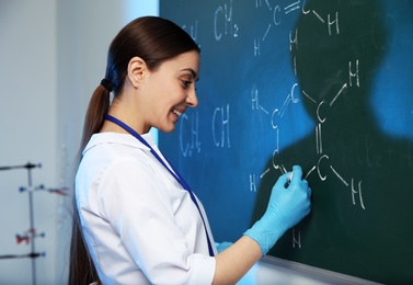 Female scientist writing chemical formula on chalkboard indoors