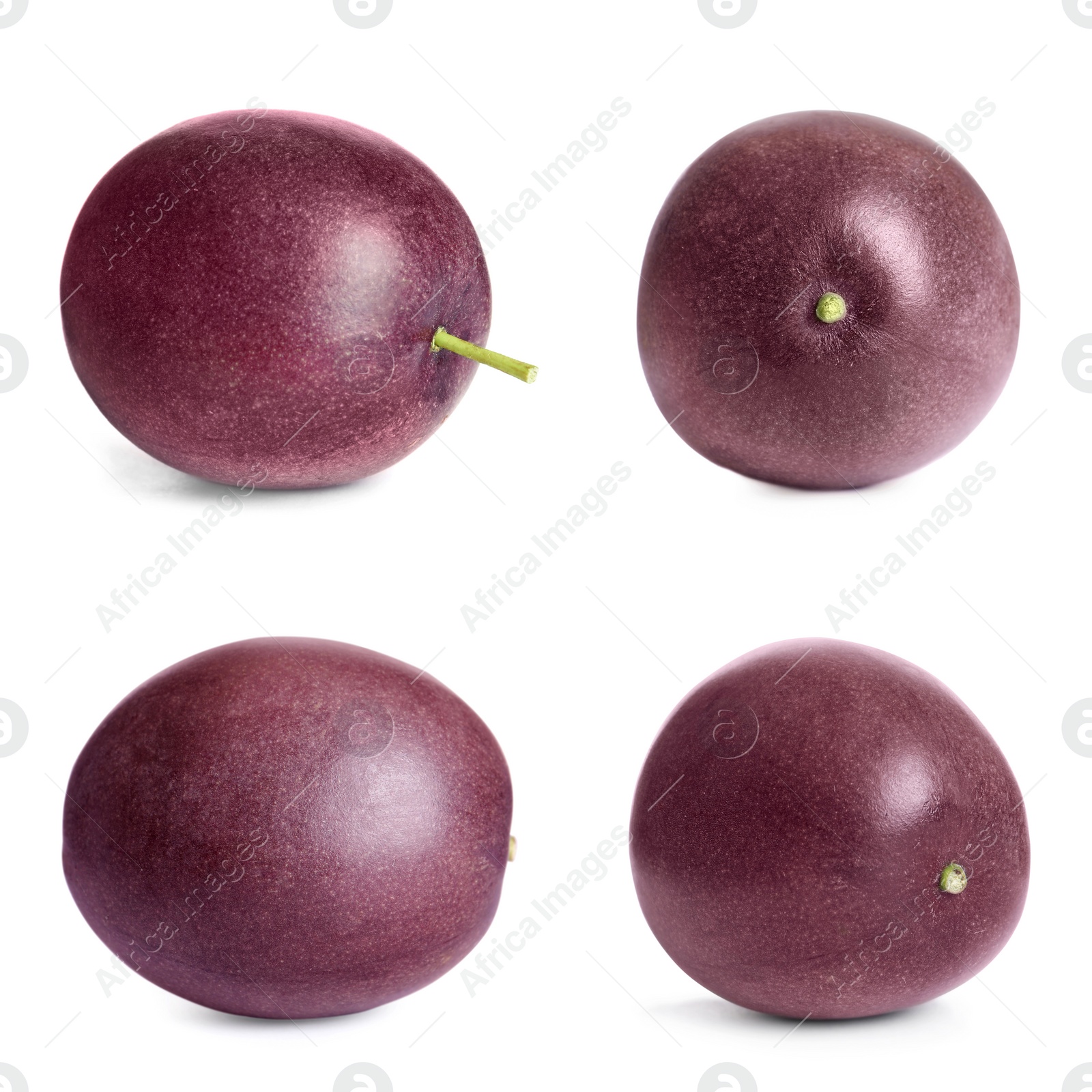 Image of Set with delicious passion fruits on white background