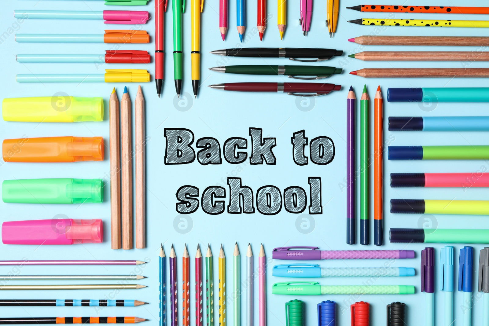 Image of Text Back To School and different stationery on light blue background, flat lay 