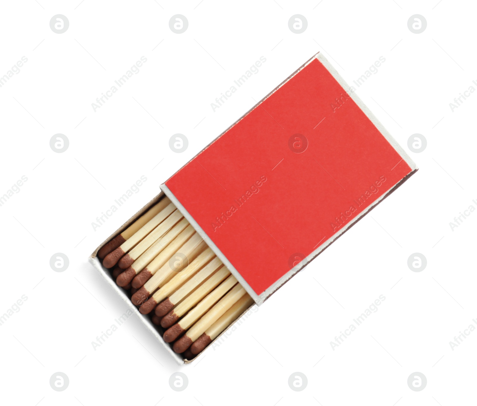 Photo of Cardboard box with matches on white background, top view. Space for design