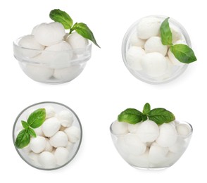 Set with tasty mozzarella on white background 