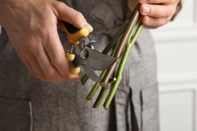 Photo of Florist cutting flower stems with pruner indoors, closeup