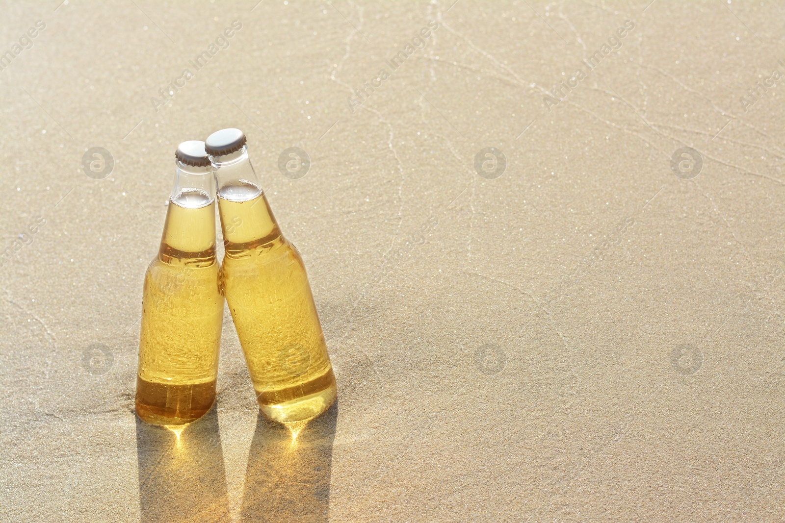 Photo of Bottles of cold beer on sandy beach. Space for text