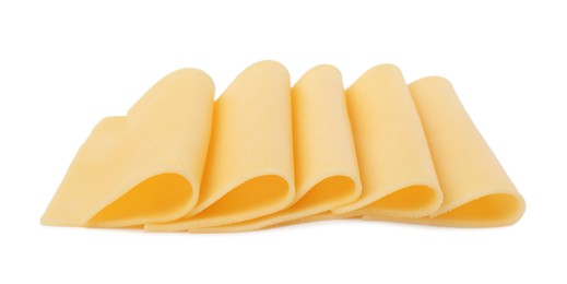 Photo of Slices of tasty fresh cheese isolated on white