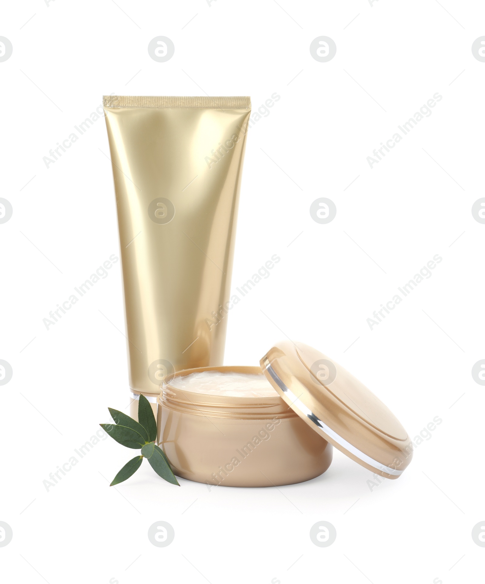 Photo of Cosmetic products and plant isolated on white