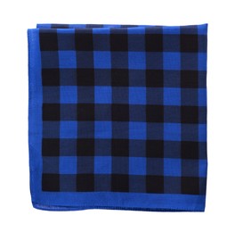 Photo of Folded blue bandana with check pattern isolated on white, top view