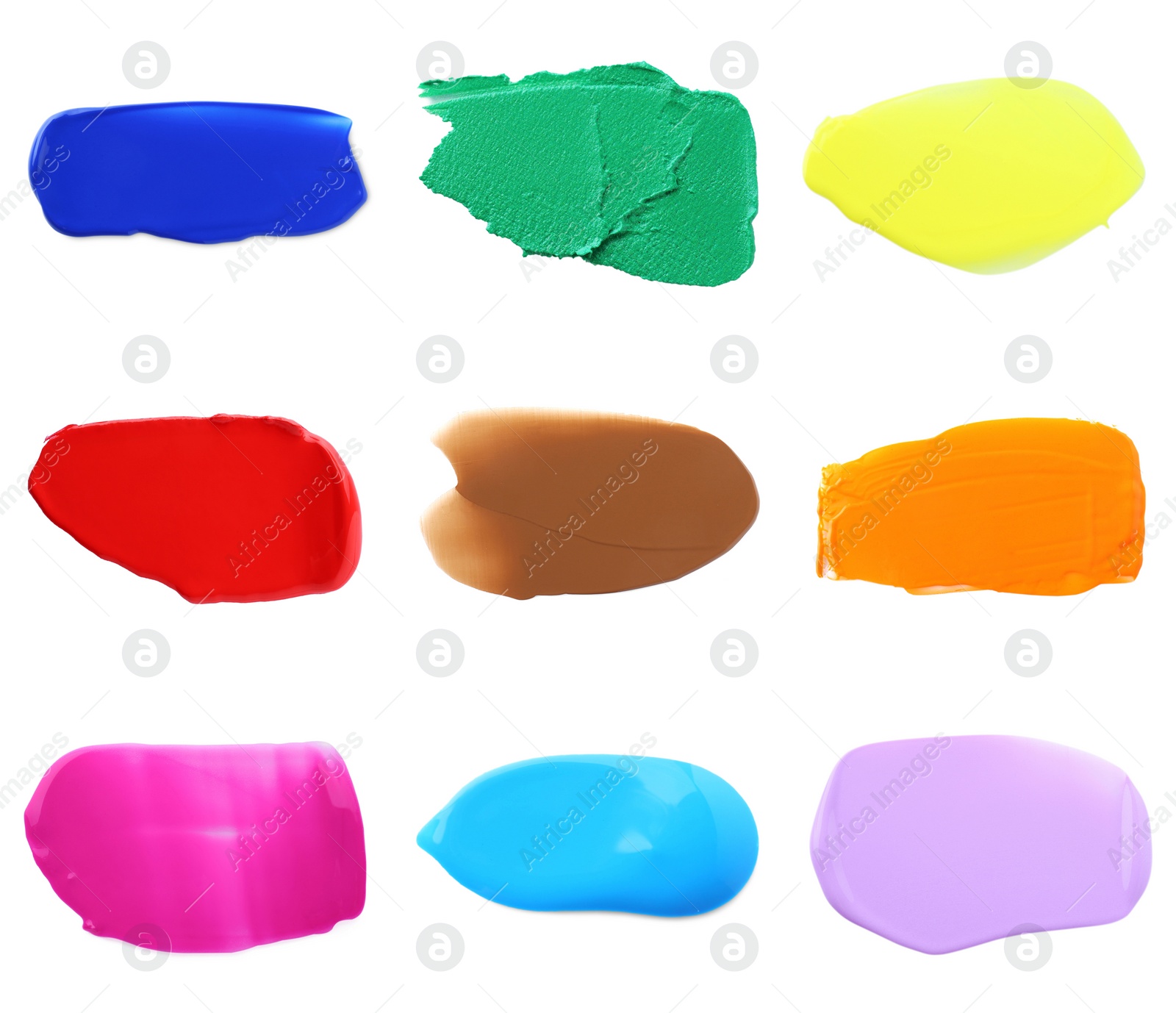 Image of Set with paint samples of different colors isolated on white, top view