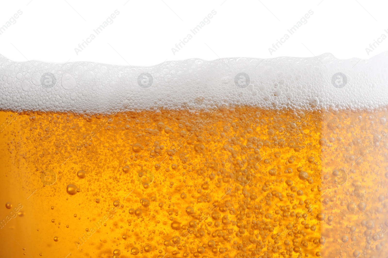 Photo of Tasty beer with foam in glass, closeup