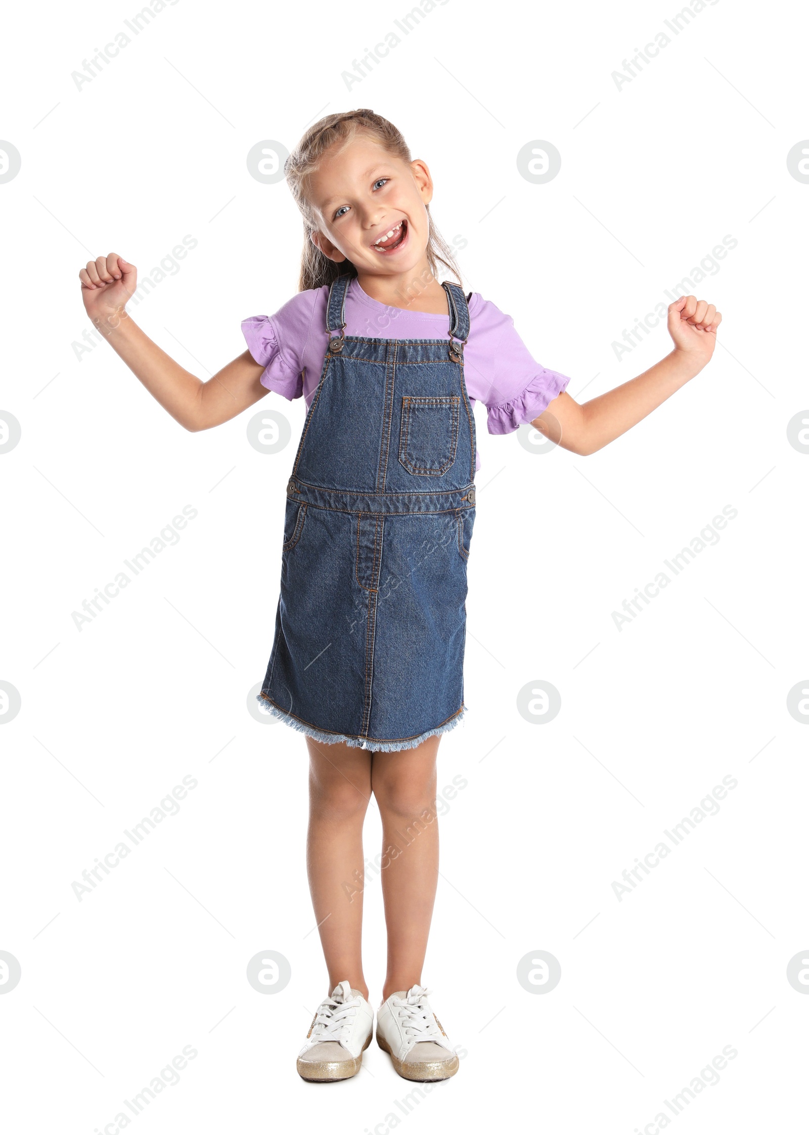 Photo of Full length portrait of adorable little girl on white background