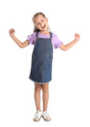 Photo of Full length portrait of adorable little girl on white background