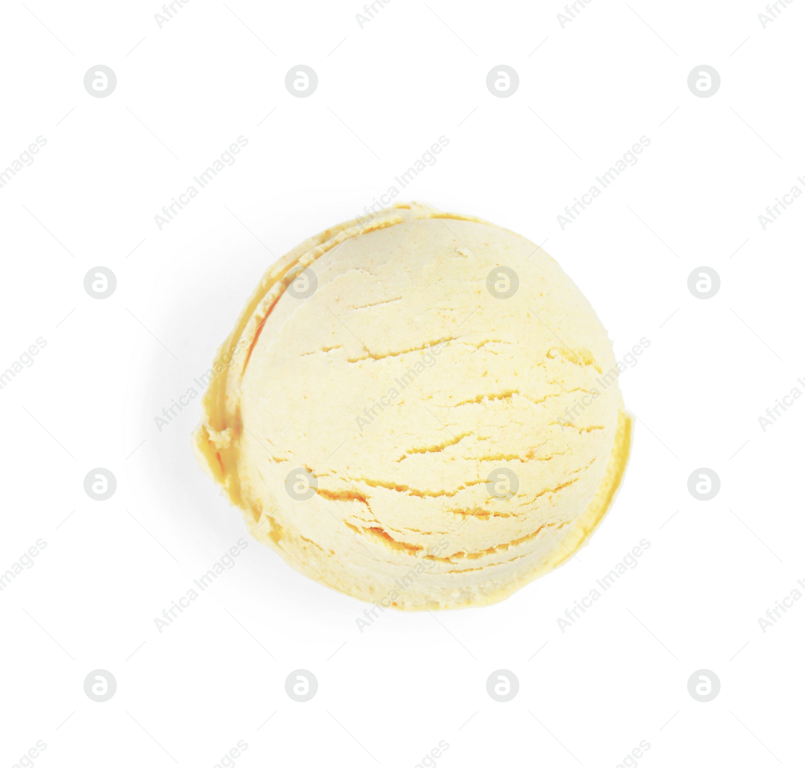 Photo of Ball of delicious vanilla ice cream on white background, top view