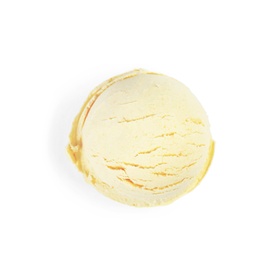 Photo of Ball of delicious vanilla ice cream on white background, top view