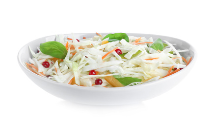 Fresh cabbage salad in bowl isolated on white