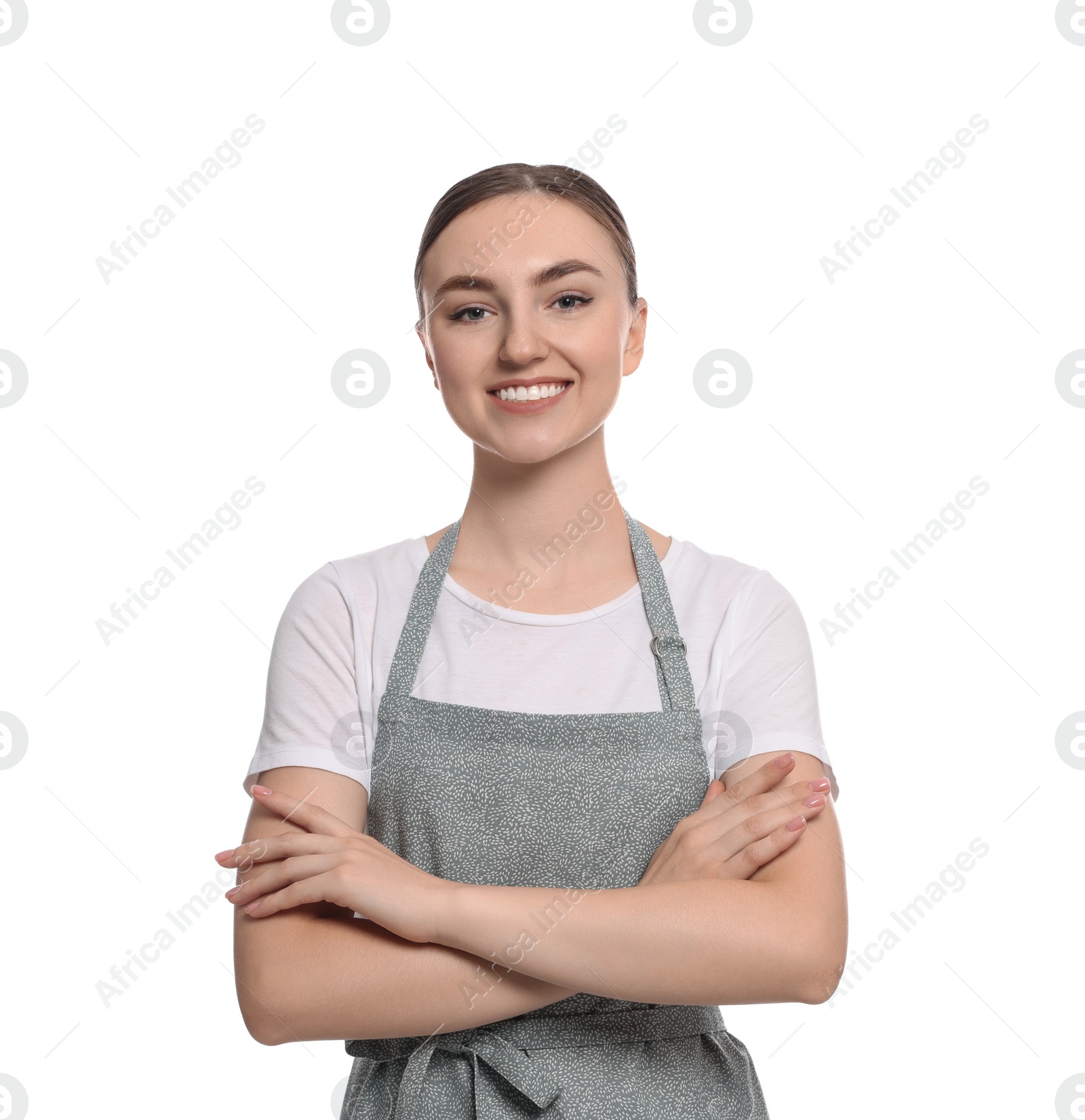 Photo of Beautiful young woman in clean apron on white background