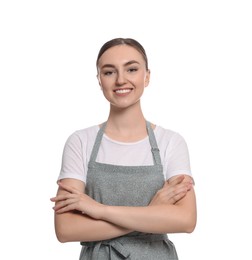 Beautiful young woman in clean apron on white background