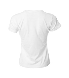 Photo of Stylish women's t-shirt isolated on white. Space for design