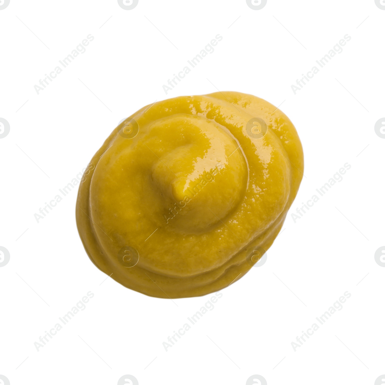 Photo of Fresh tasty mustard sauce isolated on white, top view