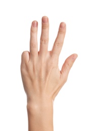 Photo of Woman showing hand on white background, closeup