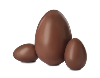 Photo of Tasty chocolate Easter eggs on white background