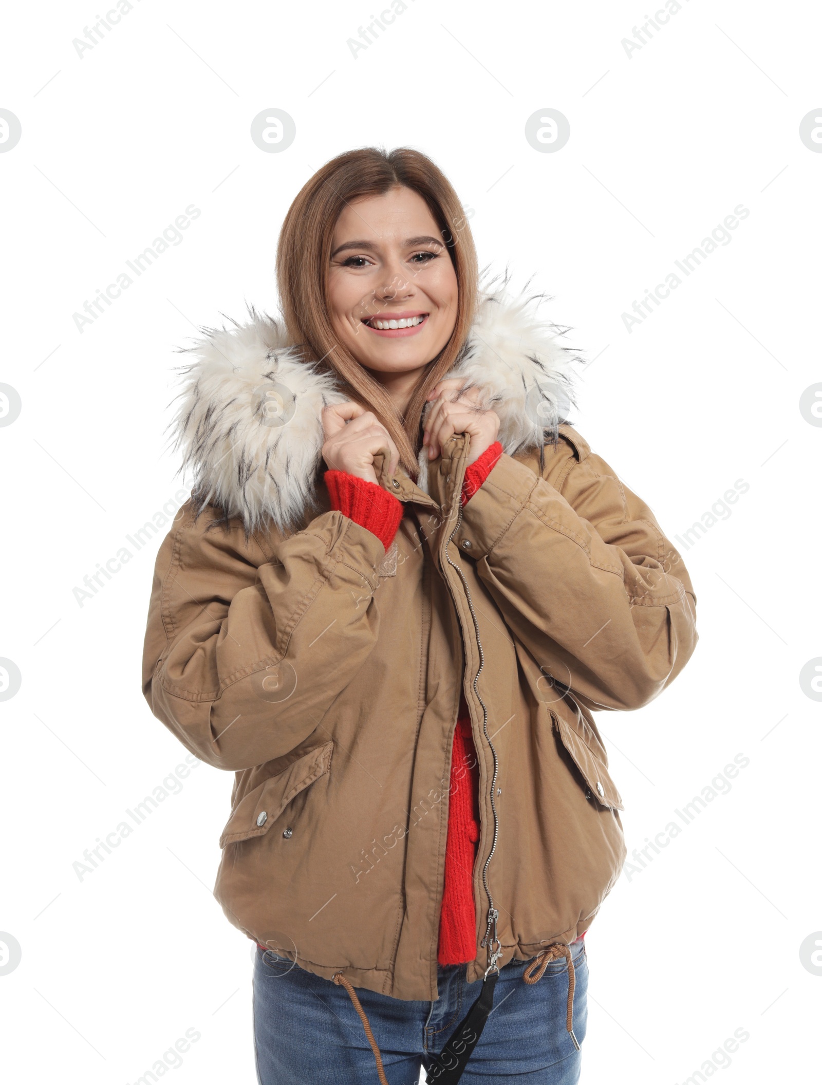 Photo of Young woman wearing warm clothes on white background. Ready for winter vacation