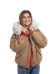 Young woman wearing warm clothes on white background. Ready for winter vacation