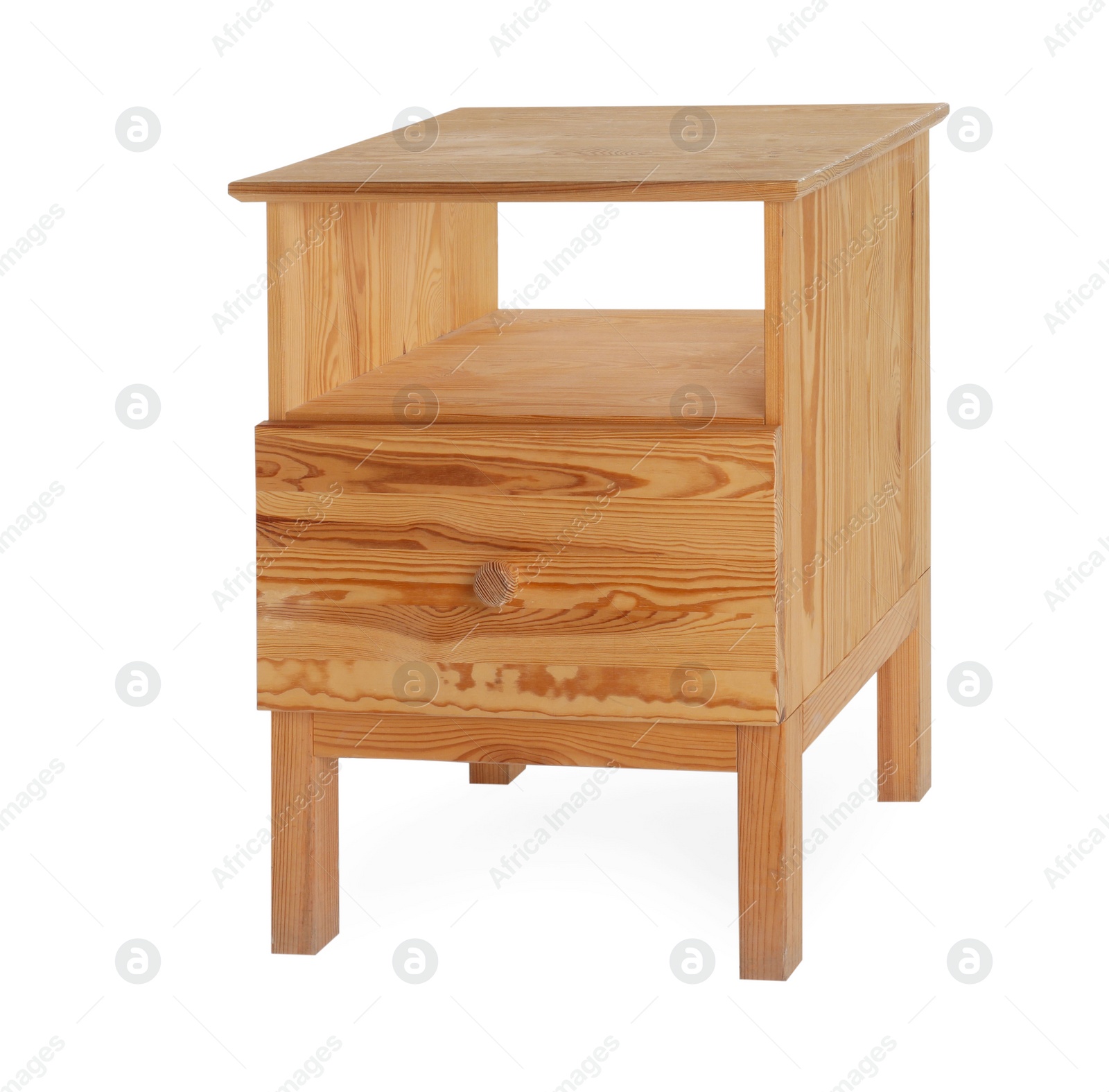 Photo of Stylish wooden bedside table isolated on white