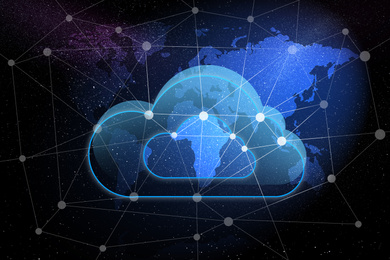 Illustration of Cloud image and world map on background. Modern technology