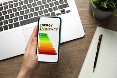 Image of Energy efficiency. Woman using smartphone with colorful rating on display at wooden table, top view