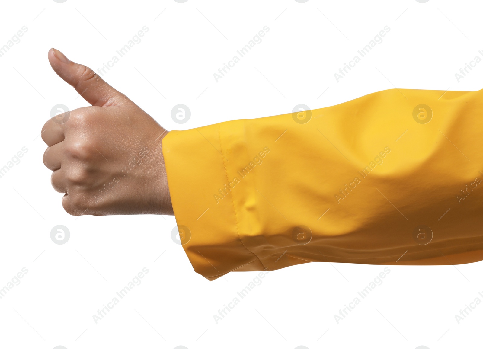 Photo of Woman showing hitchhiking gesture on white background, closeup