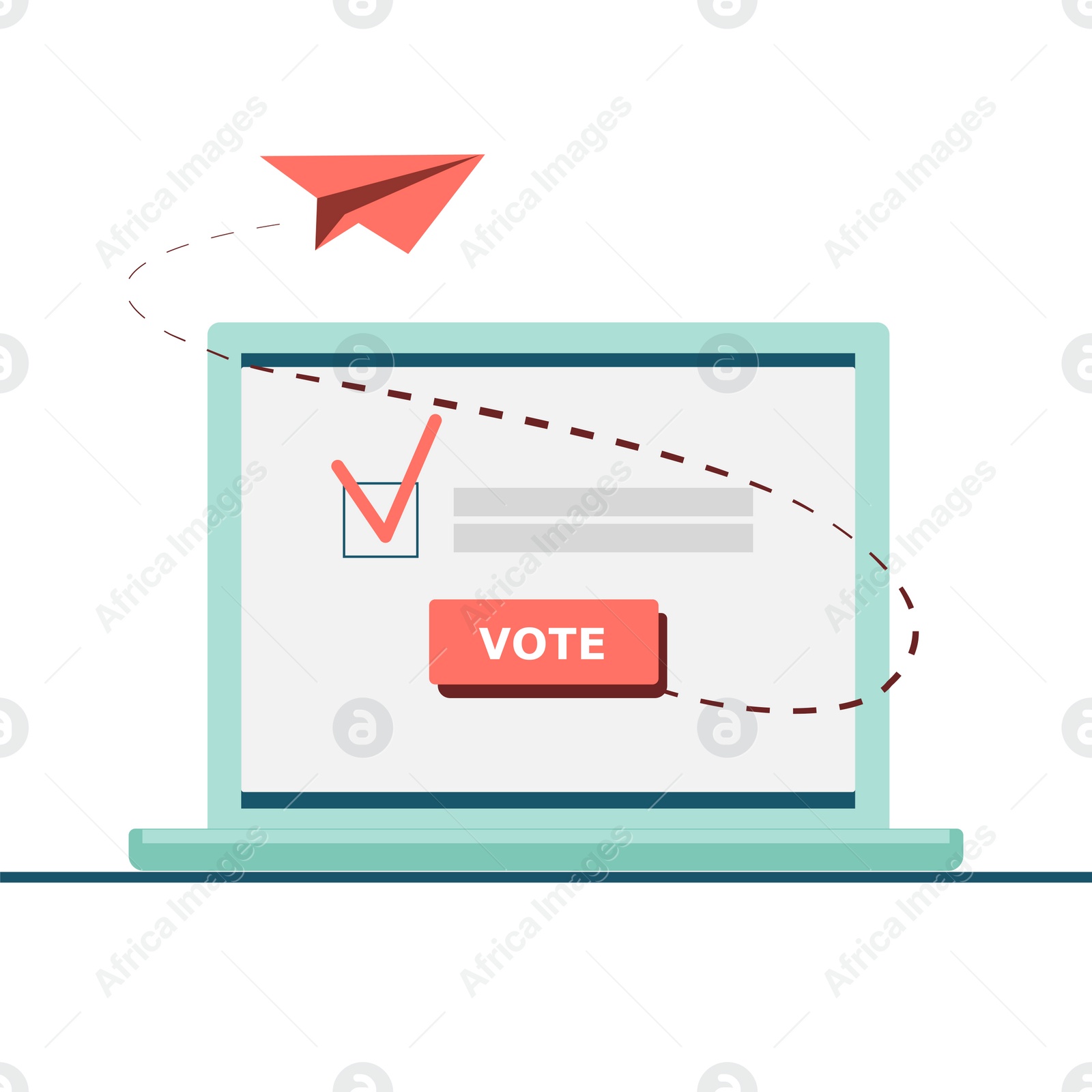 Illustration of  laptop and paper plane on white background. Online voting concept