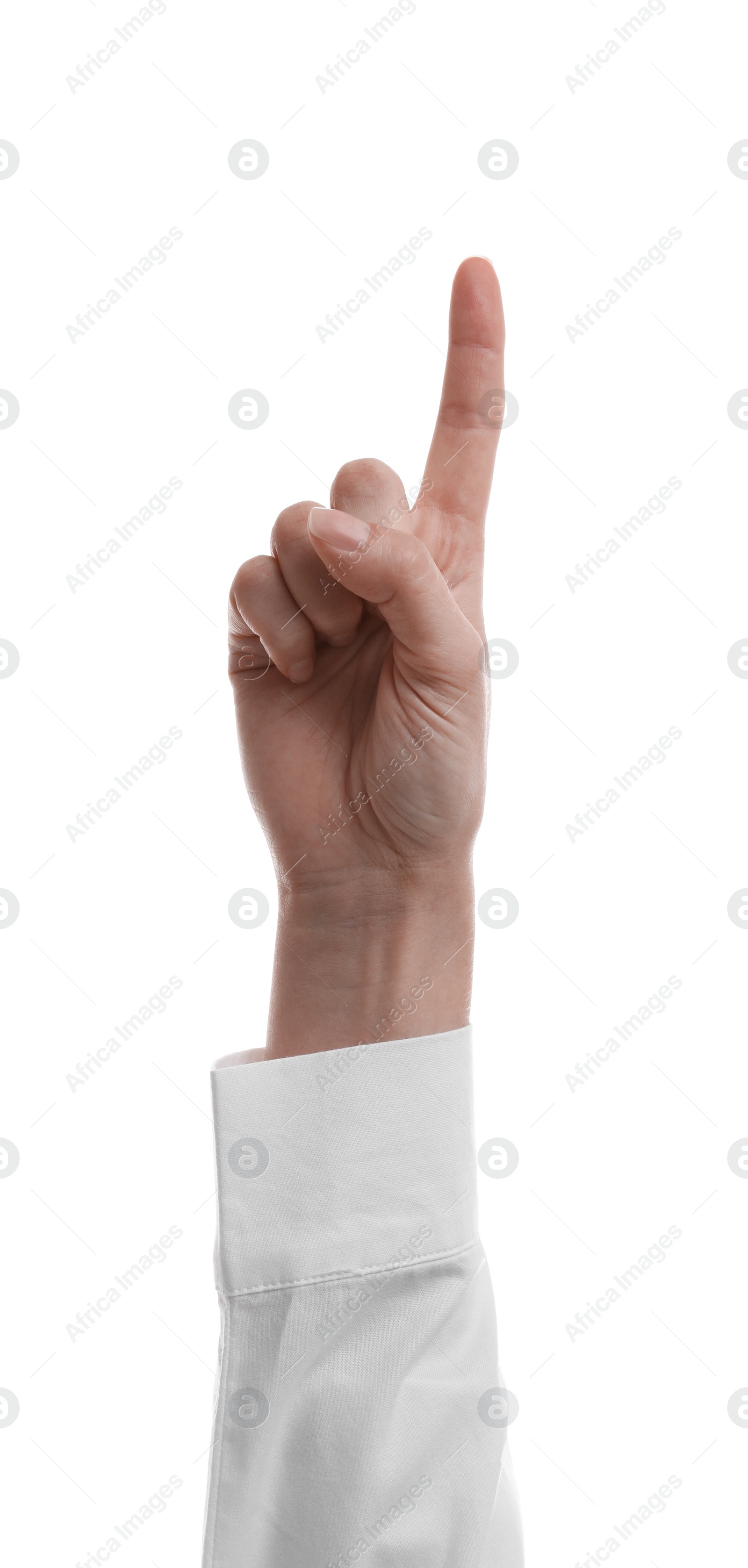 Photo of Woman pointing with index finger on white background, closeup. Responsibility concept